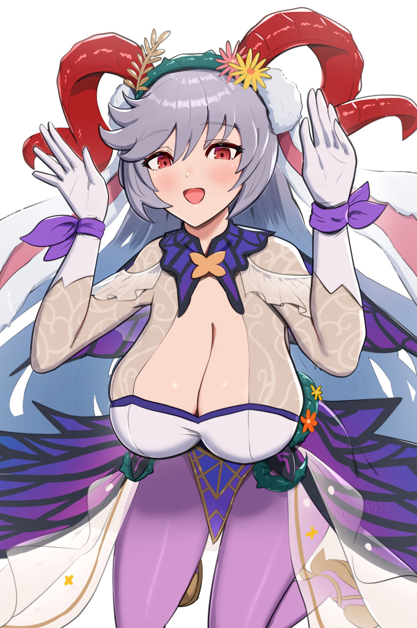 animal_ears arms_up blush bodystocking breasts cleavage cleavage_cutout clothing_cutout commentary fake_animal_ears female fire_emblem fire_emblem_heroes freyja_(fire_emblem) freyja_(spring)_(fire_emblem) gloves goat_horns gonzarez grey_hair highres horns huge_breasts leotard long_hair looking_at_viewer official_alternate_costume open_mouth pantyhose playboy_bunny purple_pantyhose purple_ribbon rabbit_ears red_eyes ribbon smile solo strapless strapless_leotard very_long_hair white_background white_gloves white_leotard wrist_ribbon