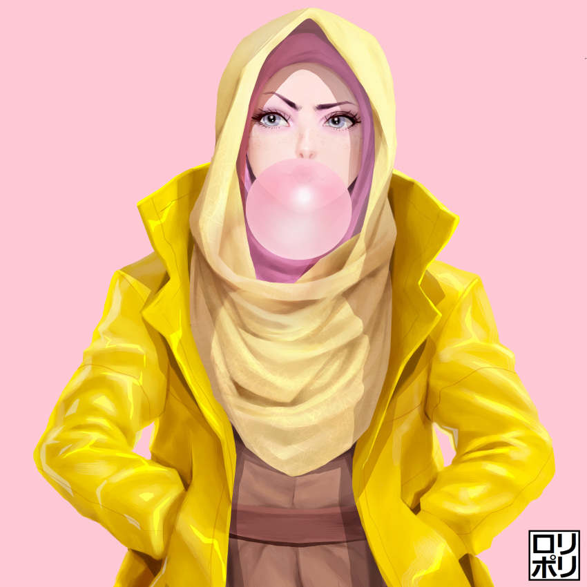 absurdres artist_logo blowing_bubbles blue_eyes brown_dress chewing_gum commentary_request dress eyelashes eyeliner eyeshadow female food grey_eyes hands_in_pockets highres hijab jamrolypoly lips makeup muslim nose original pink_background pink_eyeshadow popped_collar raincoat raised_eyebrow realistic simple_background solo yellow_headwear yellow_raincoat