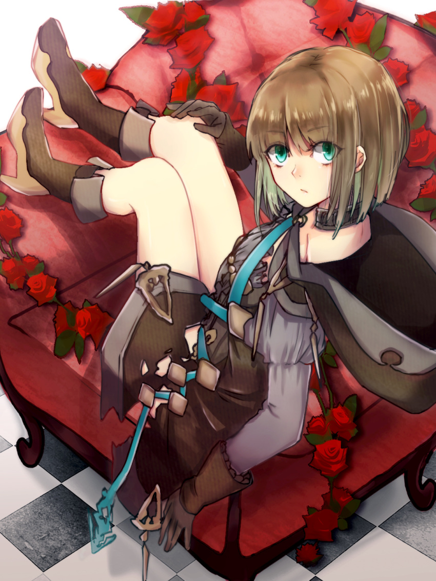 1boy boots brown_footwear brown_gloves brown_hair brown_hood chair checkered_floor choker closed_mouth flower full_body gloves green_eyes gretel_(sinoalice) hair_between_eyes highres long_sleeves looking_at_viewer male_focus otoko_no_ko red_flower red_rose rico_tta rose short_hair sinoalice sitting solo