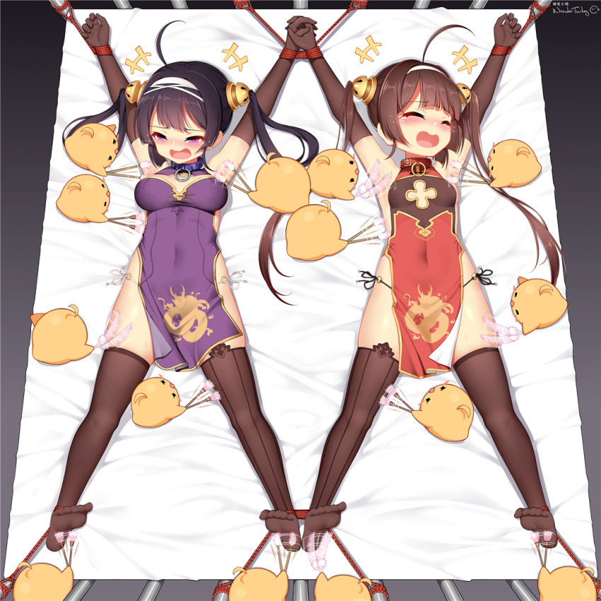 +++ 2girls =_= ^_^ afterimage ahoge animal armpits arms_up artist_name asymmetrical_legwear azur_lane bare_shoulders bird black_eyes black_gloves black_hair black_panties black_thighhighs blush blush_stickers bondage bondage bound bound_ankles bound_together bound_wrists breasts breasts_apart brown_hair china_dress chinese_clothes chinese_commentary cleavage_cutout closed_eyes clothing_cutout collar commentary_request covered_navel dragon_print dress elbow_gloves feathers from_above full_body gloves hair_ornament hair_rings hairband half-closed_eyes holding holding_brush holding_feather holding_hands huoji_(wonderturkey) interlocked_fingers laughing long_hair lying manjuu_(azur_lane) medium_breasts mismatched_legwear mixed-language_commentary motion_lines multiple_girls ning_hai_(azur_lane) nose_blush o-ring o-ring_bottom o-ring_panties on_back on_bed open_mouth outstretched_arms paintbrush panties pelvic_curtain ping_hai_(azur_lane) purple_dress purple_eyes red_dress rope see-through separated_legs side-tie_panties side_slit sidelocks signature skindentation sleeveless sleeveless_dress small_breasts smile spread_eagle_position spread_legs string_panties symmetry tears thighhighs tickling tickling_armpits tickling_feet tickling_legs tickling_sides twintails underwear white_background white_hairband white_panties