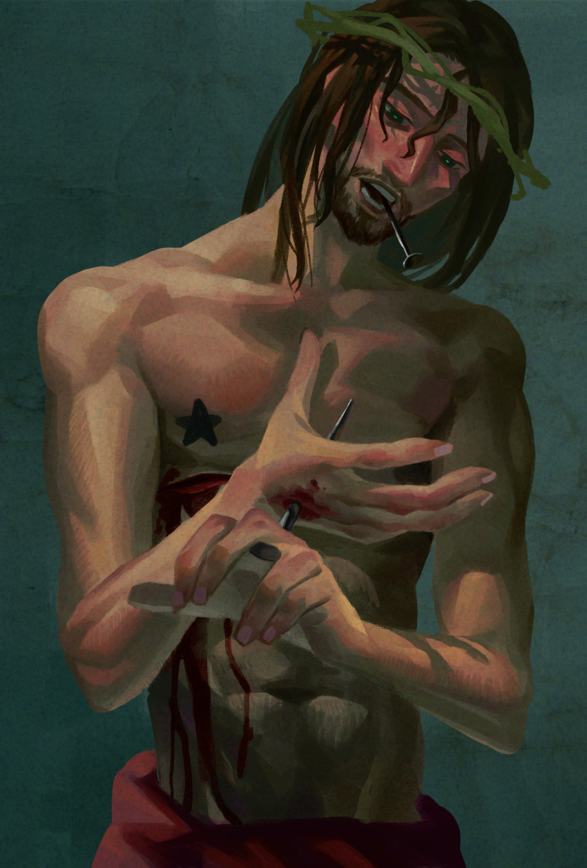 1boy absurdres beard blood brown_eyes brown_hair crown_of_thorns facial_hair greenless_417 highres injury jesus male_focus medium_hair mouth_hold nail pasties solo star_pasties teeth the_bible topless_male upper_body