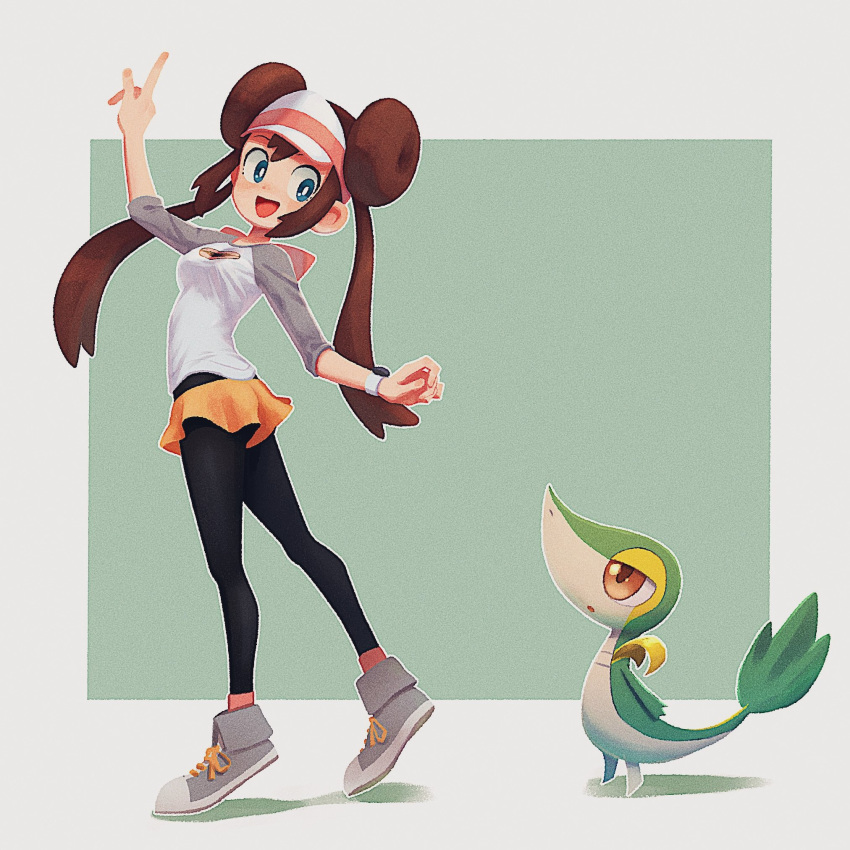 black_pantyhose blue_eyes brown_hair double_bun female full_body grey_footwear hair_bun highres index_finger_raised kunitarou-art long_hair pantyhose pokemon pokemon_(creature) pokemon_bw2 raglan_sleeves rosa_(pokemon) shadow skirt snivy standing twintails visor_cap yellow_skirt