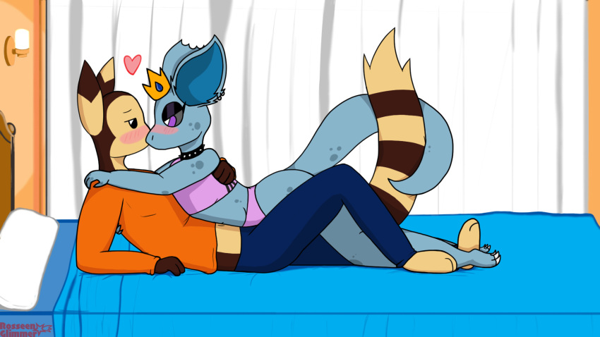 16:9 anthro bed bedroom bedroom_eyes belly black_clothing black_sclera blue_body blue_clothing blue_ears blue_markings blue_scales blush blush_lines breasts brown_body brown_ears brown_fur brown_tail claws clothing collar crown cuddling detailed_background duo ear_markings ear_piercing ear_ring eyelashes eyeshadow facial_markings female fur furniture furret generation_1_pokemon generation_2_pokemon gwa_(queen_of_gwa_gwa) head_markings headgear hi_res kissing lilya_teh_nida makeup male male/female markings multicolored_ears narrowed_eyes navel nidorina nintendo on_bed one_ear_obstructed orange_clothing paws piercing pink_clothing pokemon pokemon_(species) purple_eyes ring_piercing rosseeng scales seductive signature spiked_collar spikes striped_markings striped_tail stripes tail tail_markings two_tone_ears underwear widescreen yellow_body yellow_ears yellow_fur yellow_tail