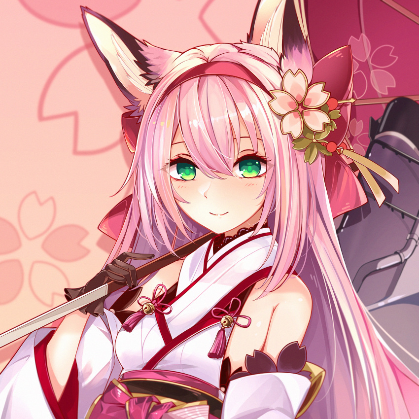 animal_ears azur_lane bare_shoulders bow brown_gloves detached_sleeves female fox_ears fox_girl gloves green_eyes hair_ornament hairband hairbow hairpin hanazuki_(azur_lane) highres holding holding_umbrella japanese_clothes kimono lace-trimmed_kimono lace_trim long_hair looking_at_viewer oil-paper_umbrella pink_bow pink_hair pink_sash print_umbrella rabe26k red_hairband rigging sakuramon sash smile smokestack solo umbrella upper_body white_kimono wide_sleeves