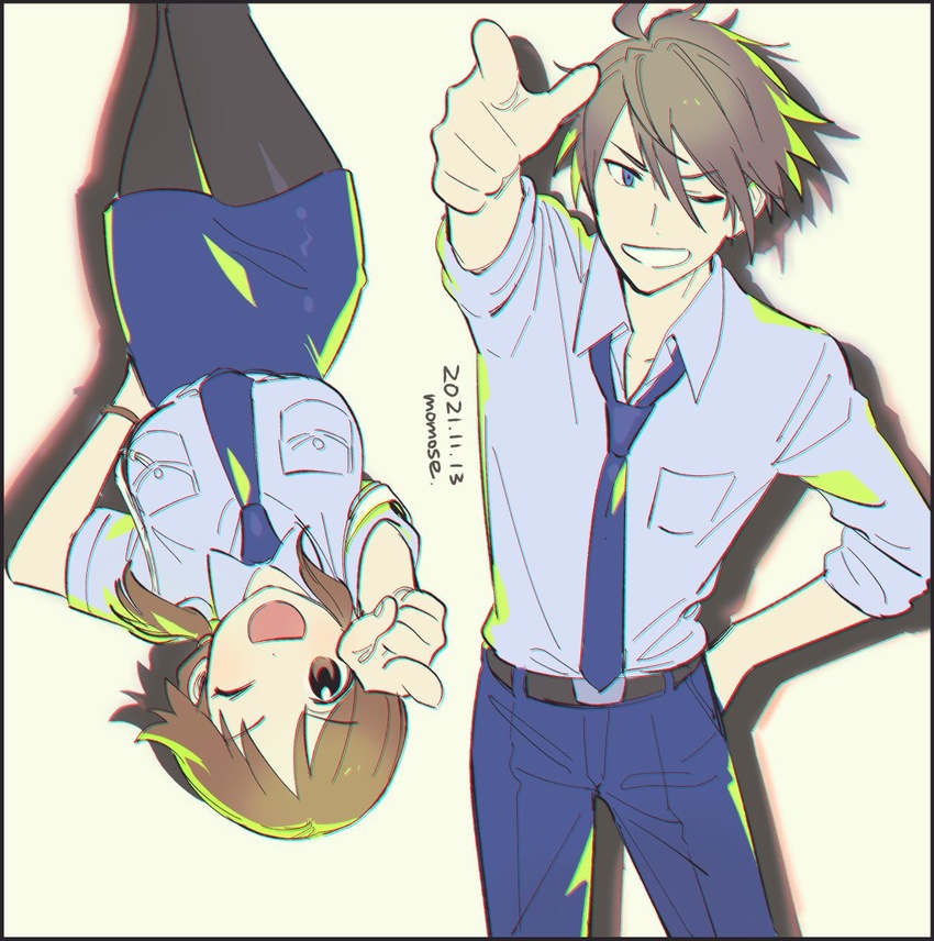 1boy akuno_hideo belt birthday black_legwear blue_eyes blue_necktie blue_pants blue_shirt blue_skirt brown_belt brown_eyes brown_hair commentary_request female hand_on_own_hip idolmaster idolmaster_cinderella_girls idolmaster_side-m index_finger_raised katagiri_sanae long_sleeves looking_at_viewer low_twintails medium_hair momose_(oqo) necktie one_eye_closed pants pantyhose pointing pointing_at_viewer police police_uniform shirt short_hair short_sleeves skirt sleeves_rolled_up smile trait_connection twintails uniform upside-down v-shaped_eyebrows