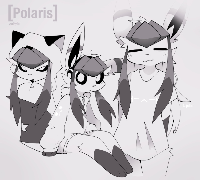 absurd_res ambiguous_gender anthro blush blush_lines clothing ears_up eeveelution fan_character fur fur_markings generation_4_pokemon glaceon grey_hair hair hands_behind_back hi_res hood_up hoodie long_hair markings monochrome multiple_images multiple_outfits nintendo pokemon pokemon_(species) polaris satori_(verfyhi) shaded shirt simple_background simple_eyes simple_shading sitting smug solo standing striped_markings stripes t-shirt topwear white_body white_fur