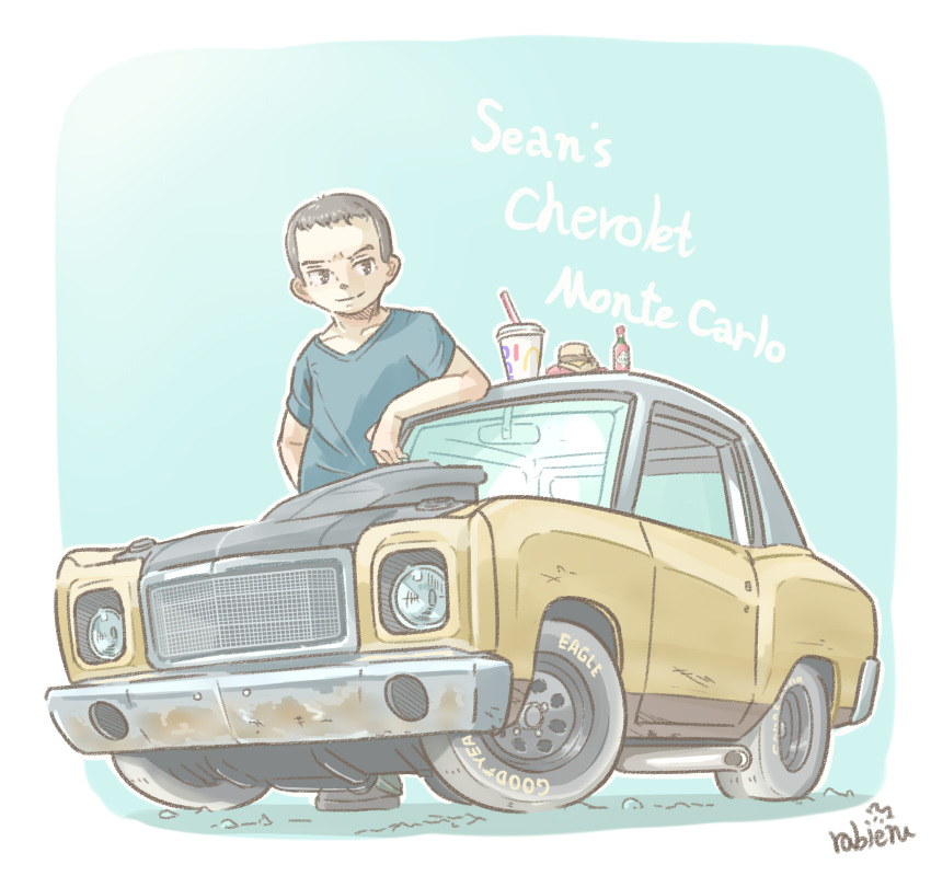 1boy artist_name blue_shirt brown_eyes brown_hair burger car chevrolet chevrolet_monte_carlo chibi collarbone cup disposable_cup drinking_straw fast_&_furious food highres looking_to_the_side male_focus motor_vehicle muscle_car rabienu sean_boswell shirt smile tabasco the_fast_and_the_furious:_tokyo_drift vehicle_focus