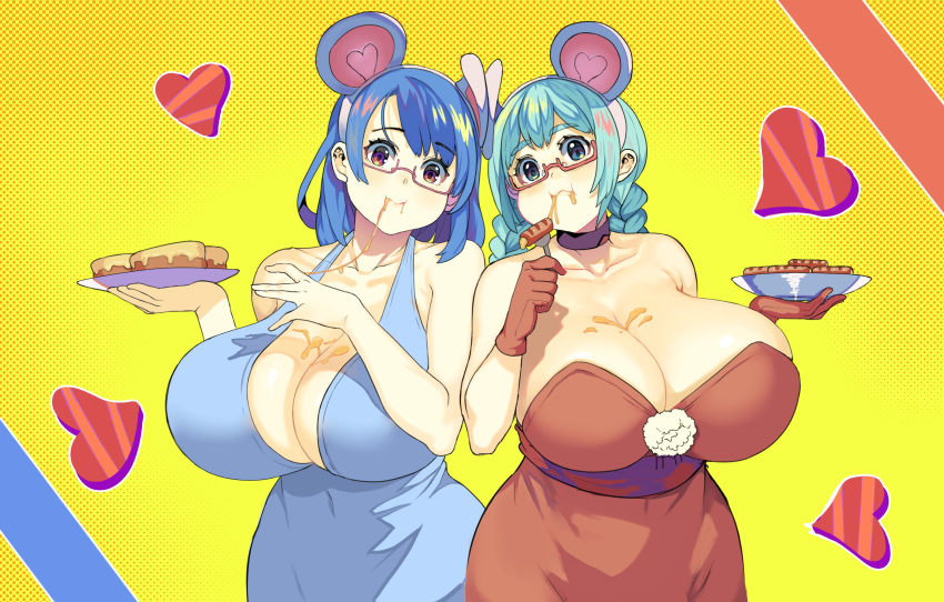 2girls absurdres animal_ears aqua_eyes aqua_hair bare_shoulders between_breasts blue_dress borrowed_character braid breasts brown_eyes chinese_zodiac cleavage covered_navel dress dripping eating english_commentary fake_animal_ears heart highres holding holding_plate honey huge_breasts inchou_(kaitsu_tokiyas) kaitsu_tokiyas looking_at_viewer mouse_ears multiple_girls original plate red_dress rina_atherina twin_braids year_of_the_rat