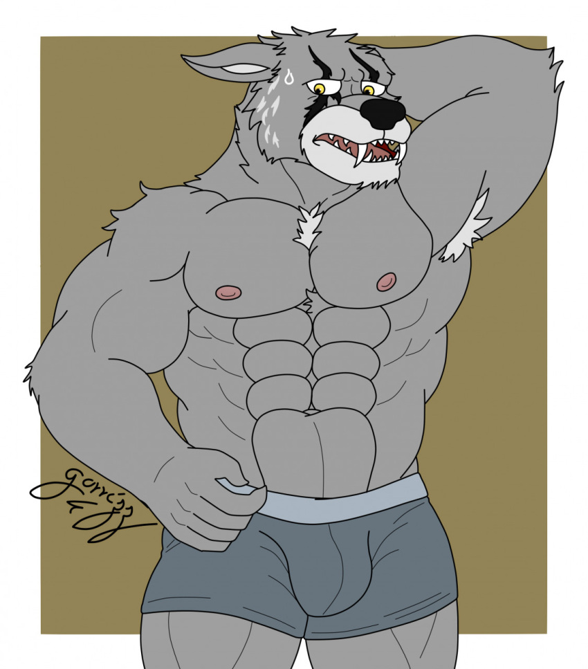 abs anthro big_muscles bodily_fluids boxers_(clothing) boxers_only bulge canid canine canis cheek_tuft clothed clothing facial_tuft fangs fluffy_chest fur gorrizz grey_body grey_fur hand_on_head hi_res legends_of_chima lego male mammal mature_male muscular muscular_anthro muscular_male muscular_thighs neck_tuft nervous nervous_sweat nipples open_mouth pecs pinup pose shy solo sweat sweatdrop teeth thick_thighs topless tuft underwear underwear_only wolf worriz_(legends_of_chima) yellow_eyes