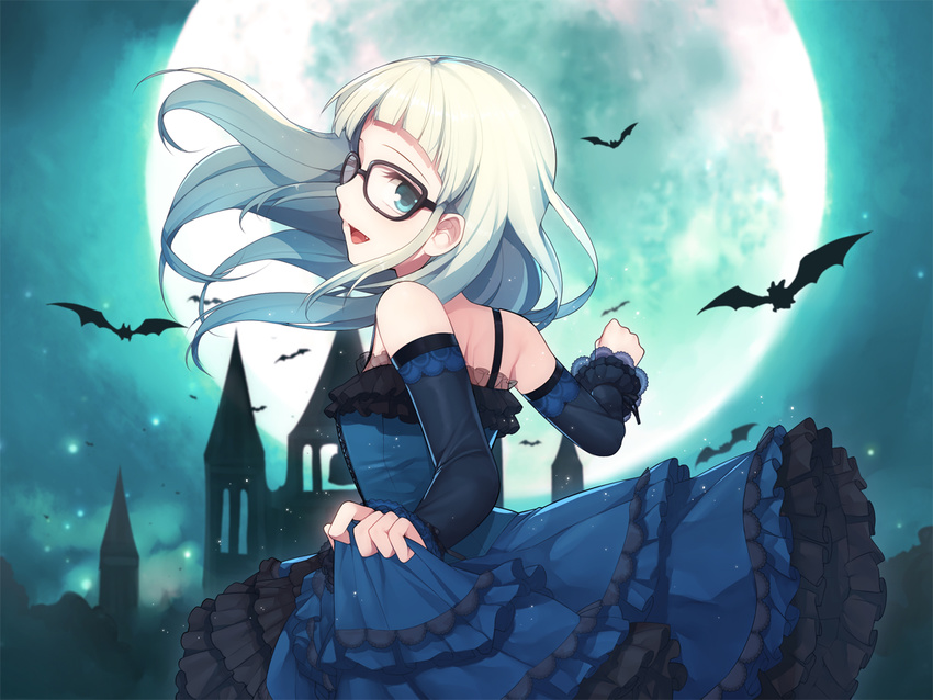 aikatsu animal blue_eyes dress glasses hitoto long_hair moon toudou_yurika white_hair