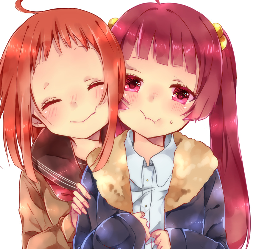 2girls ahoge blunt_bangs blush cheek-to-cheek closed_eyes commentary_request hair_bobbles hair_ornament hands_on_shoulders harumi_kajika harumi_shinju heads_together long_hair multiple_girls naoton one_eye_closed red_hair short_hair siblings sisters smile tokyo_7th_sisters twintails