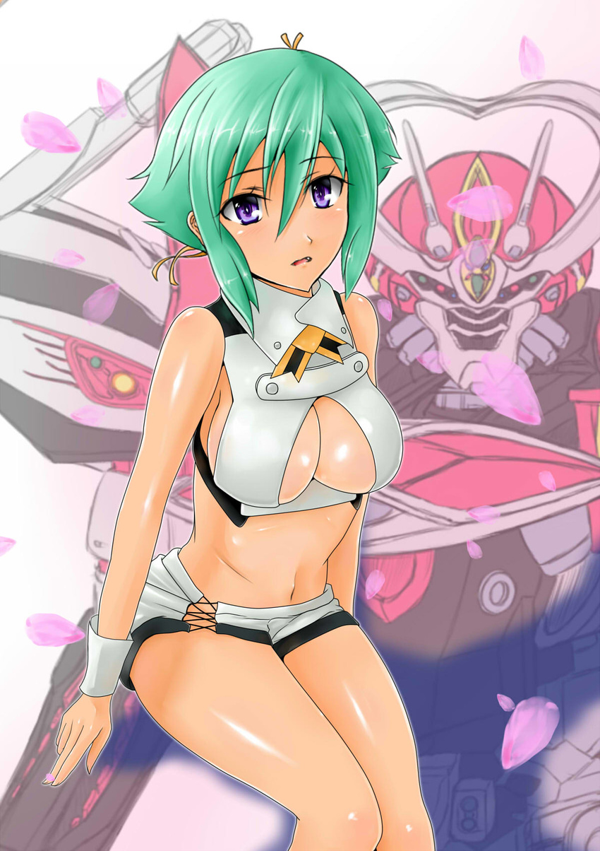 aquarion_(series) aquarion_evol breasts cleavage cleavage_cutout clothing_cutout commentary_request female green_hair hair_ribbon highres large_breasts looking_at_viewer purple_eyes ribbon short_hair short_shorts shorts solo taiga~midnight yellow_ribbon zessica_wong