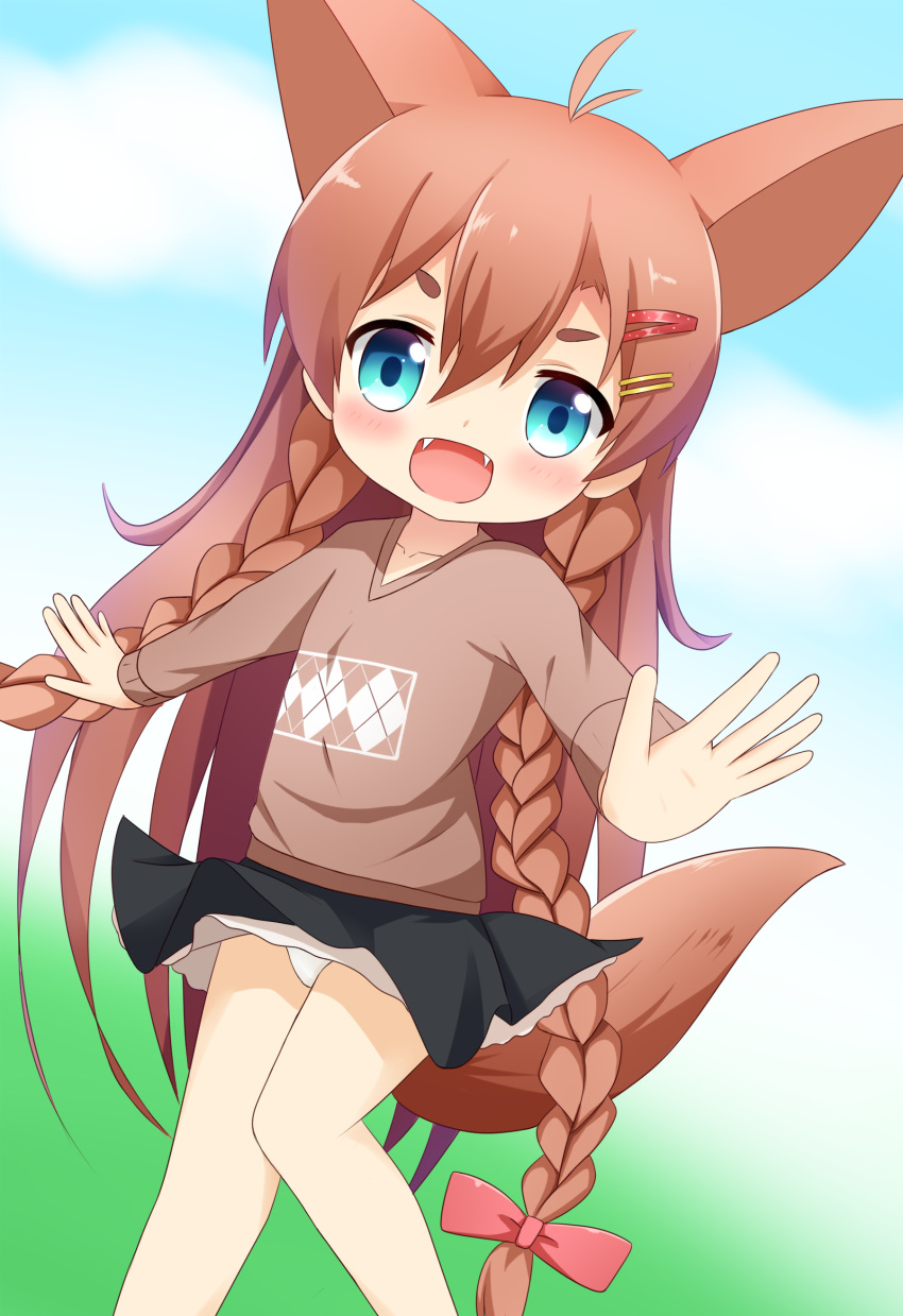 :d absurdres animal_ears black_skirt blue_background blue_eyes blush borrowed_character bow braid brown_hair brown_shirt clothes_lift collarbone commentary fangs female gradient_background green_background hair_between_eyes hair_ornament hairbow hairclip highres long_hair long_sleeves looking_at_viewer momiji_(makuran) open_mouth original panties pink_bow shin01571 shirt skirt skirt_lift smile solo tail thick_eyebrows twin_braids underwear v-shaped_eyebrows very_long_hair white_background white_panties wind wind_lift