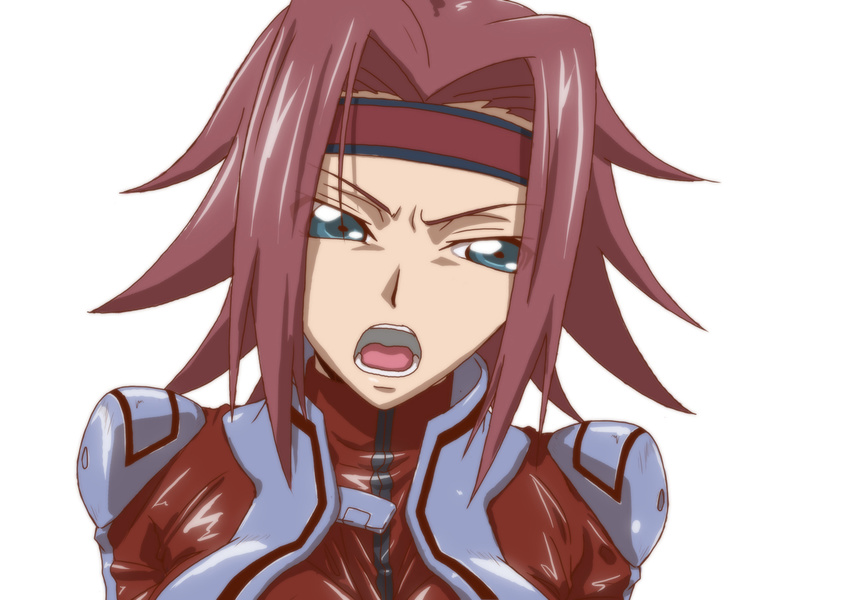 blue_eyes bodysuit breasts code_geass face female hairband highres kallen_stadtfeld kyabakurabakufu looking_at_viewer open_mouth red_hair short_hair simple_background solo upper_body white_background