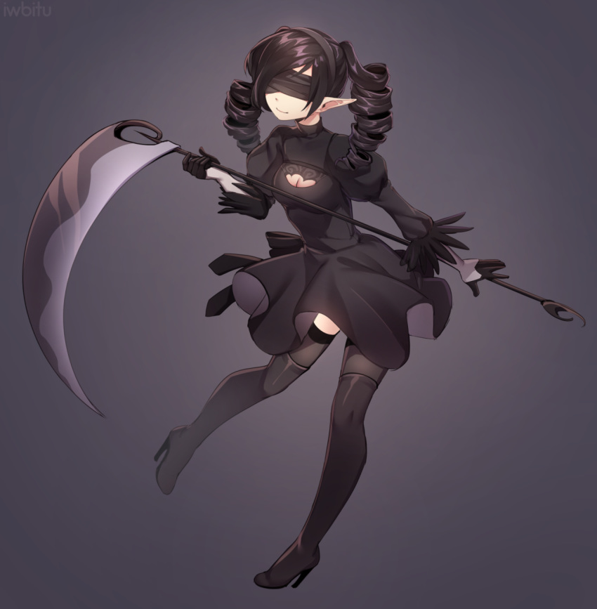 black_background black_blindfold black_dress black_gloves black_hair black_hairband black_legwear blindfold boots borrowed_character breasts cleavage_cutout commission cosplay covered_eyes dress drill_hair facing_viewer feather-trimmed_sleeves female gloves gothic_lolita hairband high_heel_boots high_heels highres holding holding_scythe iwbitu-sa juliet_sleeves lolita_fashion long_hair long_sleeves medium_breasts nier_(series) nier_automata pointy_ears puffy_sleeves scythe smile solo standing standing_on_one_leg thigh_boots thighhighs thighhighs_under_boots twin_drills vambraces yorha_no._2_type_b yorha_no._2_type_b_(cosplay)