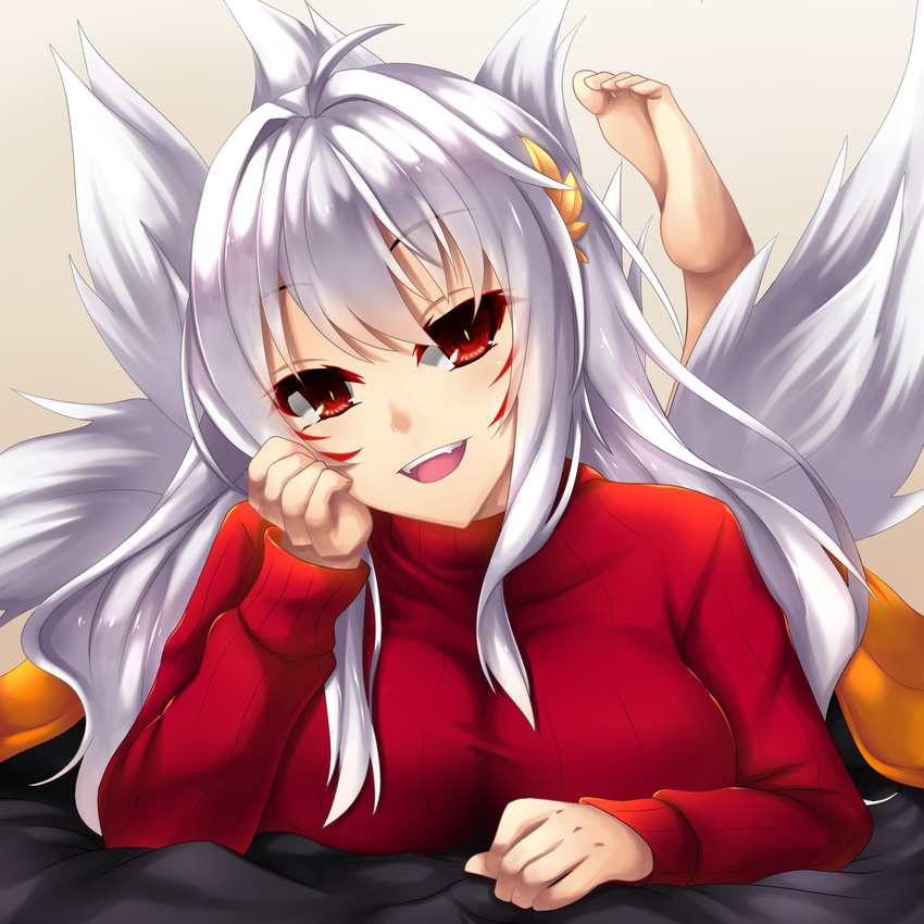 ara_haan ara_haan_(celestial_fox) barefoot commentary elsword eun_(elsword) facial_mark female fi-san fox_tail hand_on_own_cheek hand_on_own_face highres long_hair multiple_tails red_eyes ribbed_sweater solo sweater tail turtleneck white_hair