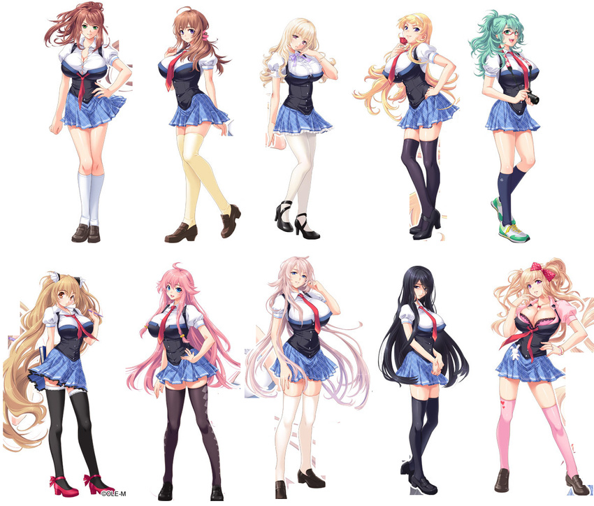 6+girls aota_natsu artist_request black_hair black_legwear blonde_hair blue_eyes breasts brown_hair doi_sayaka huge_breasts inami_mashiro inosaki_mako kagurazaka_mioko kohinata_miyu konohana_sango kujou_sakura large_breasts long_hair medium_breasts multiple_girls nekota_miyako pantyhose red_eyes saimin_class school_uniform short_hair skirt thighhighs very_long_hair washinomiya_mikoto white_background white_legwear