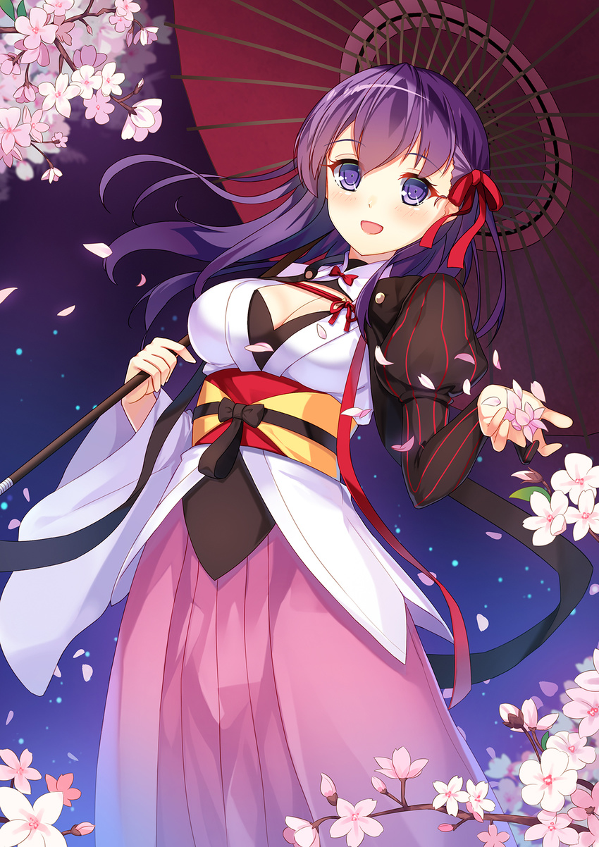 :d adapted_costume black_bow blush bow breasts bud cherry_blossoms cleavage commentary_request dutch_angle eyebrows fate/grand_order fate/stay_night fate_(series) female flower from_below gradient_background hair_between_eyes hair_ribbon hakama hakama_skirt highres holding holding_umbrella japanese_clothes juliet_sleeves large_breasts ldfe_mk2 light_particles long_hair long_sleeves matou_sakura matou_sakura_(imaginary_around) night night_sky obi oil-paper_umbrella open_mouth petals photoshop_(medium) pink_hakama puffy_sleeves purple_eyes purple_hair red_bow red_ribbon ribbon sash skirt sky smile solo standing umbrella