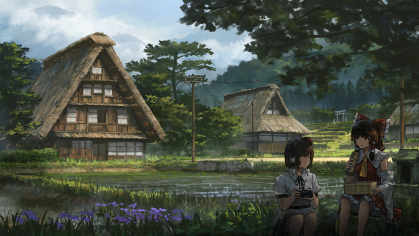 2girls ^_^ architecture bad_id bad_pixiv_id black_eyes black_ribbon black_skirt blue_sky bow box brown_hair building camera closed_eyes cloud commentary_request day detached_sleeves east_asian_architecture feet_out_of_frame flower frilled_shirt_collar frills grass hairbow hakurei_reimu hat highres holding holding_camera long_hair long_sleeves looking_at_another md5_mismatch mikado_(winters) miniskirt multiple_girls neck_ribbon outdoors petticoat power_lines puffy_short_sleeves puffy_sleeves purple_flower red_bow resolution_mismatch ribbon rice_paddy sarashi scenery shameimaru_aya shirt short_hair short_sleeves sitting skirt sky smile source_larger thatched_roof tokin_hat torii touhou tree utility_pole water white_shirt wide_sleeves