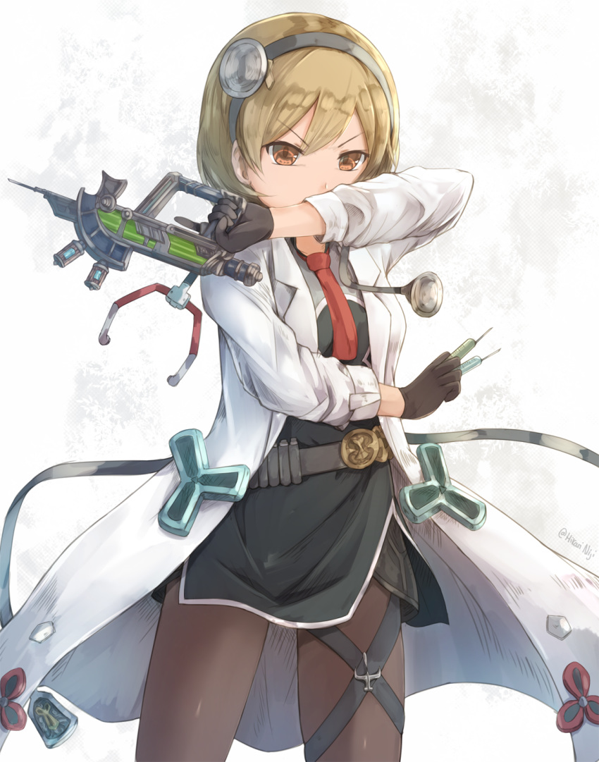 between_fingers black_dress brown_eyes brown_gloves brown_pantyhose commentary covered_mouth djeeta_(granblue_fantasy) doctor doctor_(granblue_fantasy) dress english_commentary female gloves granblue_fantasy hair_between_eyes head_mirror highres hikari_niji holding holding_syringe lab_coat light_brown_hair long_sleeves looking_at_viewer necktie pantyhose red_necktie solo stethoscope syringe v-shaped_eyebrows