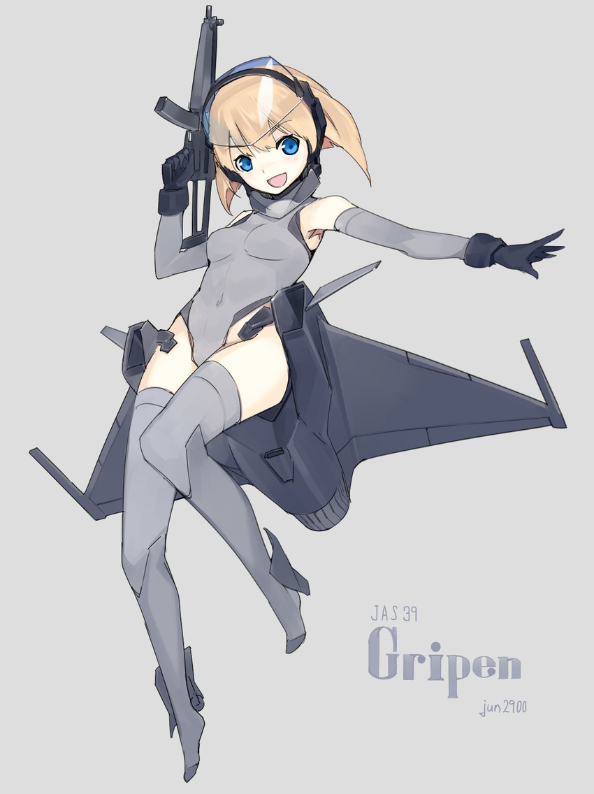 blonde_hair commentary_request elbow_gloves female gloves gun h&k_mp5 heckler_&_koch highres jet_engine mecha_musume original personification saab_gripen semidou_jun simple_background solo submachine_gun thighhighs weapon wings