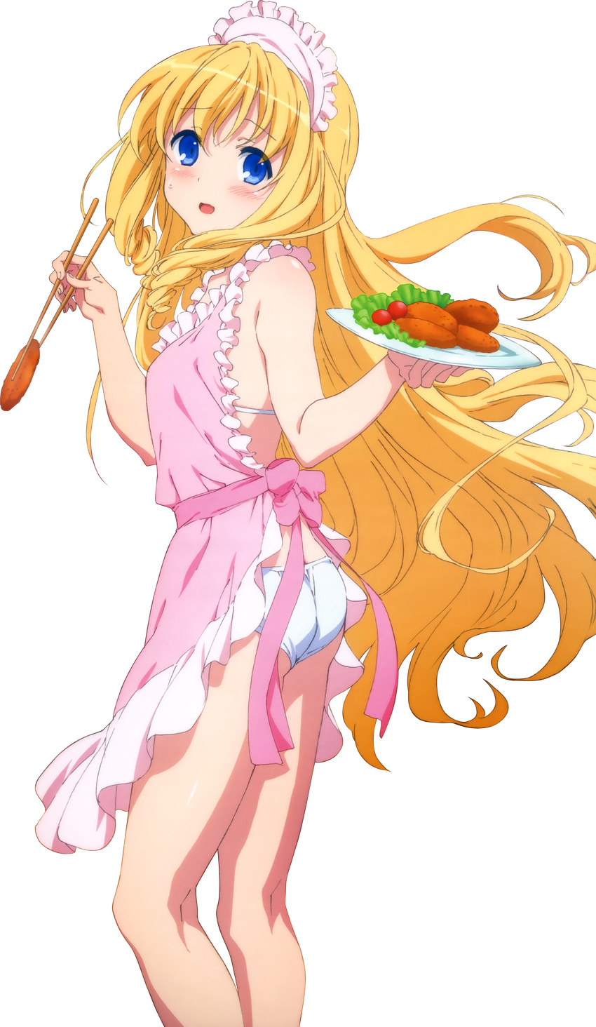 absurdres amagi_brilliant_park apron artist_request ass blonde_hair blue_eyes blush check_artist cherry_tomato chopsticks drill_hair extraction female food frilled_apron frilled_hairband frills hair_between_eyes hairband highres holding holding_chopsticks holding_plate latifa_fleuranza lettuce long_bangs long_hair looking_back maid_headdress mg_renders nearly_naked_apron open_mouth panties pink_apron plate ringlets simple_background solo sweatdrop tomato transparent_background turning_head twin_drills underwear very_long_hair white_panties