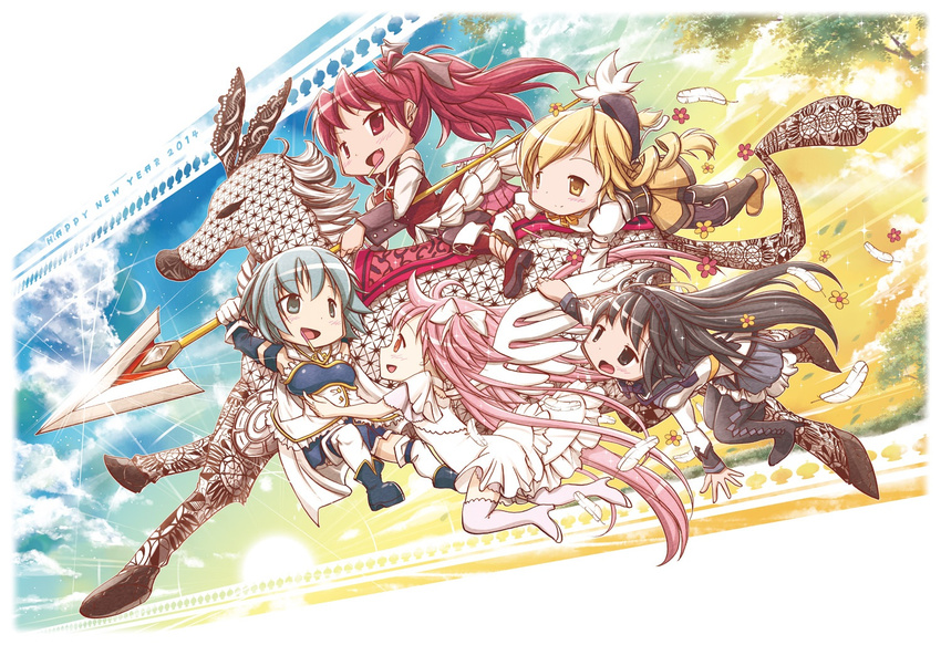 5girls akemi_homura akemi_homura_(magical_girl) argyle_clothes argyle_legwear beret black_hair blonde_hair blue_eyes blue_hair bow cape chauke chibi cloud commentary_request drill_hair feathers fingerless_gloves food gloves hairband hairbow hat horse horseback_riding kaname_madoka long_hair magical_girl mahou_shoujo_madoka_magica mahou_shoujo_madoka_magica_(anime) miki_sayaka miki_sayaka_(magical_girl) multiple_girls ophelia_(madoka_magica) pantyhose pink_eyes pink_hair pocky polearm ponytail red_eyes red_hair riding sakura_kyoko sakura_kyoko_(magical_girl) short_hair sky spear spoilers thighhighs tomoe_mami tomoe_mami_(magical_girl) twin_drills twintails two_side_up ultimate_madoka weapon wings witch_(madoka_magica) yellow_eyes zettai_ryouiki