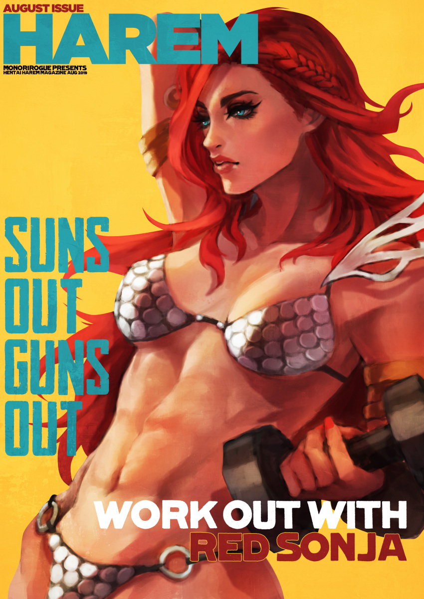 abs absurdres arm_up armlet armor august bikini bikini_armor blue_eyes braid breasts commentary cover dumbbell english_commentary exercising eyelashes fake_magazine_cover female french_braid hair_over_one_eye highres hip_bones lips long_hair looking_to_the_side magazine_cover medium_breasts monori_rogue navel nose o-ring o-ring_bikini photoshop_(medium) red_sonja red_sonja_(comics) solo swimsuit toned yellow_background