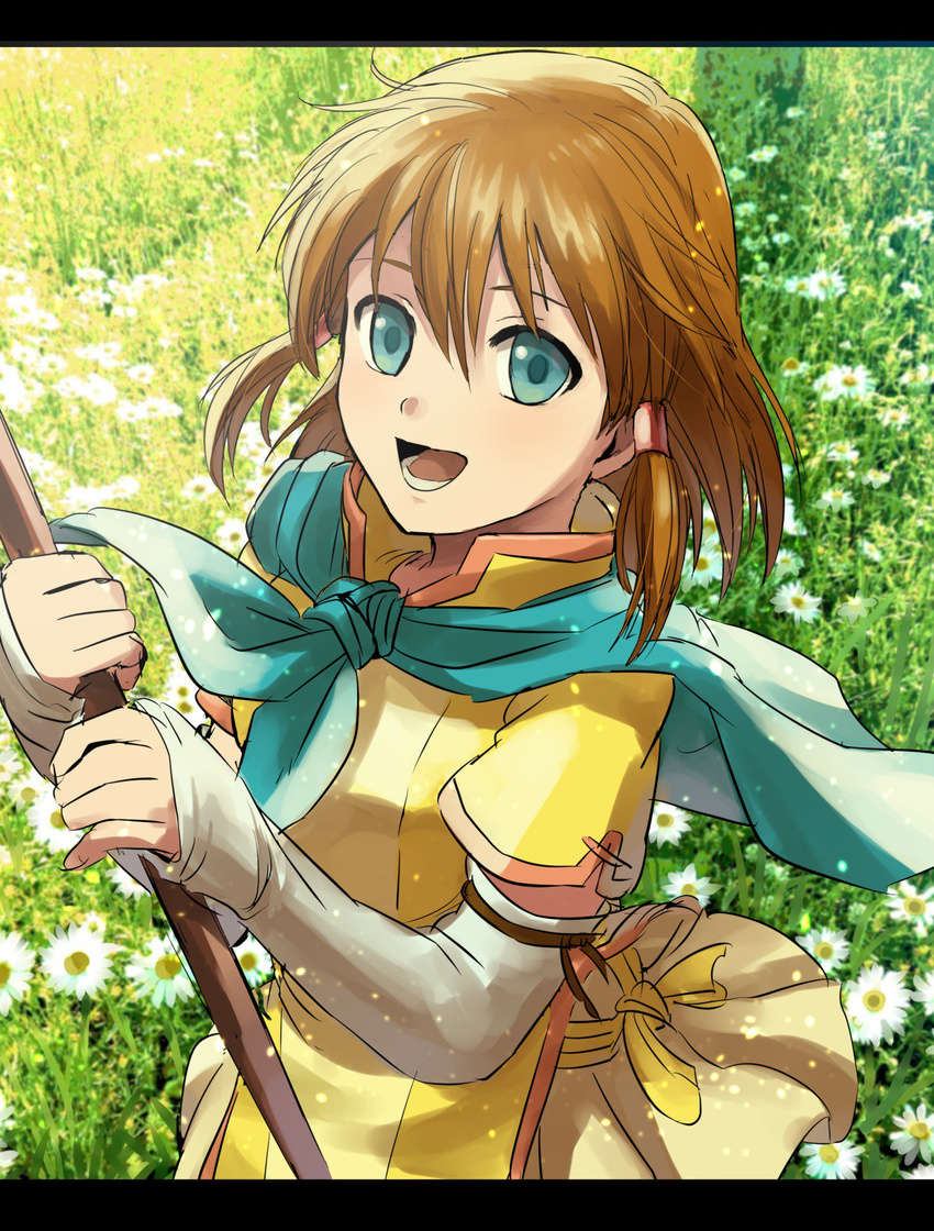 blue_eyes brown_hair commentary_request female fire_emblem fire_emblem:_path_of_radiance flower hair_tubes highres kometubu0712 looking_at_viewer mist_(fire_emblem) open_mouth scarf short_hair smile solo