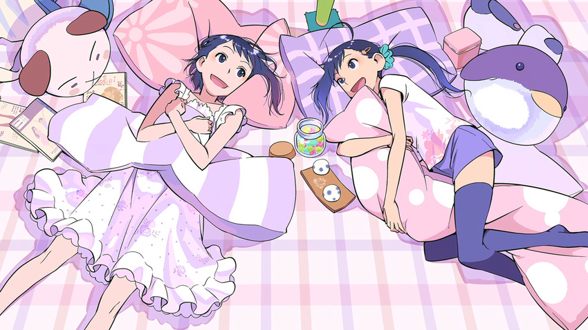 2girls anime_screenshot blue_eyes blue_hair blush candy daifuku end_card food gradient_hair hair_ornament hairband hairpin highres hugging_object jar konpeitou lying magazine_(object) multicolored_hair multiple_girls nisekoi non-web_source official_art onodera_haru onodera_kosaki open_mouth pajamas pillow pillow_hug ponytail purimari shirt shorts siblings sisters smile stuffed_animal stuffed_bird stuffed_panda stuffed_toy t-shirt teddy_bear thighhighs