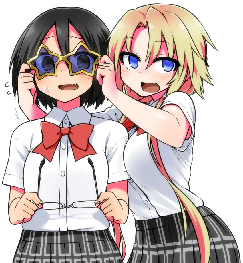 2girls ayakashi_banashi black_eyes black_hair blonde_hair blue_eyes blush commentary_request glasses highres himekawa_hinari looking_at_viewer multiple_girls oerba_yun_fang original plaid plaid_skirt school_uniform short_hair skirt star-shaped_eyewear star_(symbol) sunglasses unworn_eyewear yamada_yoshino yoshida_hideyuki