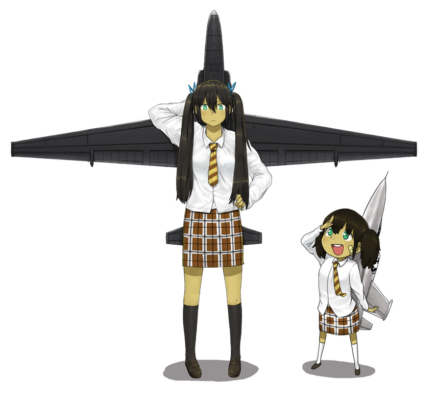 2girls aircraft airplane anyan_(jooho) bandaid black_hair commentary_request f-104_(flight_highschool) f-104_starfighter flight_highschool full_body green_eyes hand_on_own_hip highres jet kneehighs long_hair looking_at_viewer mecha_musume military military_vehicle multiple_girls original personification photoshop_(medium) salute school_uniform shadow simple_background socks twintails u-2_(flight_highschool) u-2_dragon_lady white_background