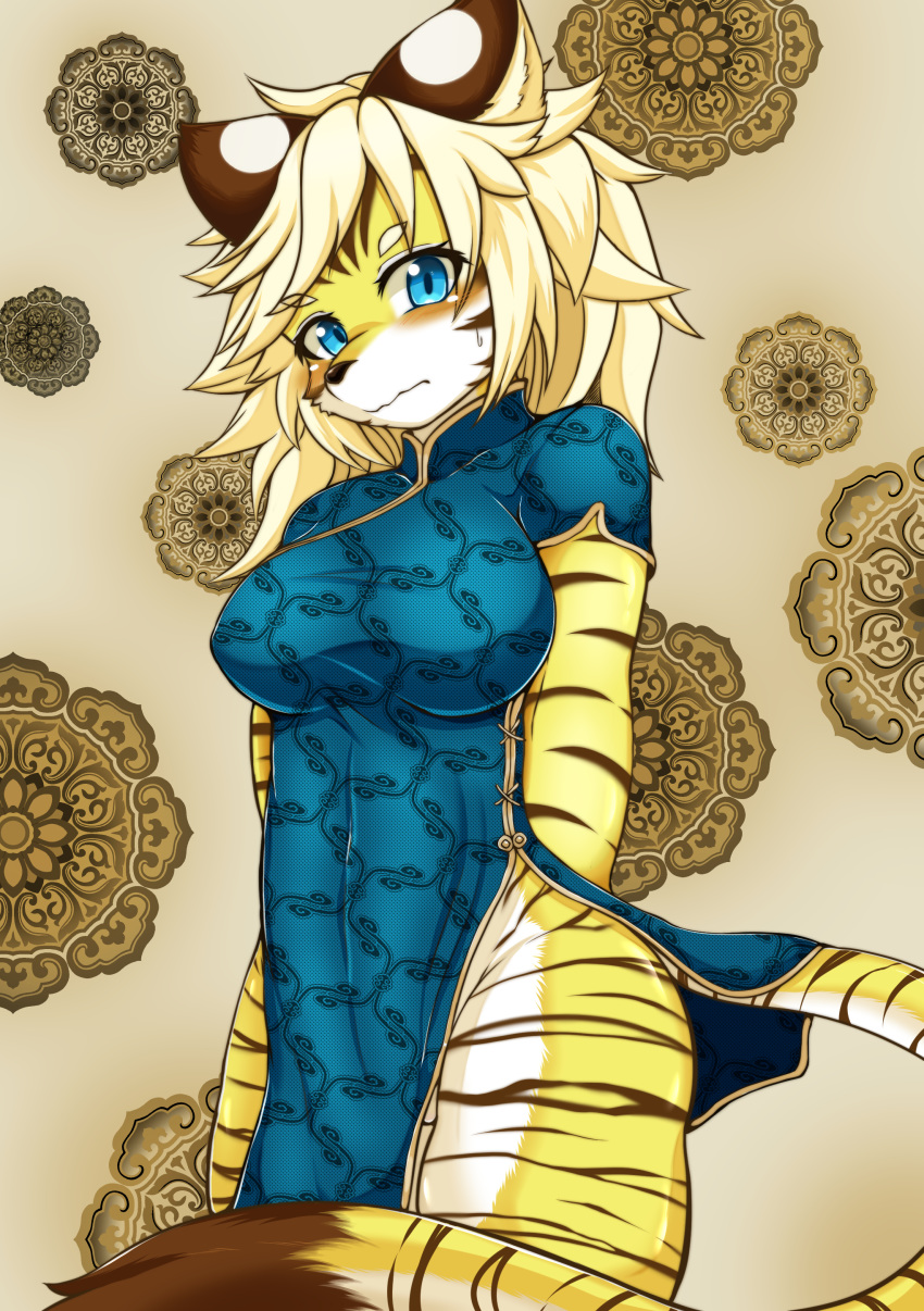 2018 absurd_res anthro asian_clothing big_breasts blonde_hair blue_eyes blush breasts brown_body brown_fur brown_stripes cheek_tuft chinese_clothing chinese_dress clothing countershading cyberconnect2 dipstick_tail drecom dress east_asian_clothing embarrassed facial_tuft felid female full_bokko_heroes fur hair hi_res kemono long_hair looking_at_viewer mammal markings megane_inu multicolored_tail pantherine solo spiky_hair standing striped_body striped_fur stripes tail tail_markings tiger tuft white_body white_fur yellow_body yellow_fur zhang_fei_(full_bokko_heroes)