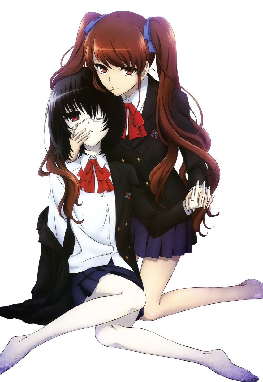 2girls akazawa_izumi another barefoot black_hair blazer brown_eyes brown_hair dress_shirt extraction eyepatch hair_ribbon hand_on_another's_cheek hand_on_another's_face highres holding_hands interlocked_fingers jacket kneeling long_hair mg_renders misaki_mei miyakawa_chieko multiple_girls neck_ribbon off_shoulder official_art pale_skin parted_lips pleated_skirt red_eyes ribbon school_uniform shirt short_hair sitting skirt transparent_background twintails unbuttoned very_long_hair wing_collar yomiyama_north_junior_high_school_uniform