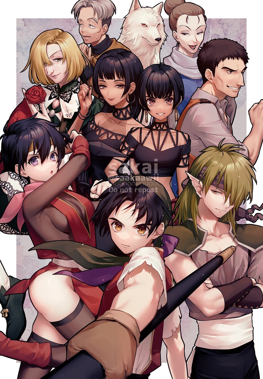 alex_(suikoden) black_hair blonde_hair breasts brown_hair closed_mouth eilie_(suikoden) gensou_suikoden gensou_suikoden_ii giovanni_(suikoden) gloves headband highres kasumi_(suikoden) long_hair looking_at_viewer multiple_boys multiple_girls ninja onil_(suikoden) open_mouth rina_(suikoden) rubi_(suikoden) sakai_(motomei) scarf shiro_(suikoden) short_hair smile thighhighs tir_mcdohl vincent_de_boule weapon