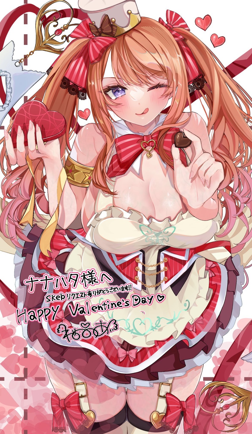 >:) 6_may_6 ;q alice_(sennen_sensou_aigis) apron armlet bare_shoulders blush bow bowtie breasts brown_hair buckle candy chocolate cleavage commentary commission cowboy_shot detached_collar female fingernails food frilled_apron frills garter_straps happy_valentine heart heart-shaped_chocolate heart_background highres holding holding_chocolate holding_food lace-trimmed_bow lace_trim large_breasts layered_skirt long_fingernails looking_at_viewer one_eye_closed pinstripe_bow pleated_skirt purple_eyes red_bow red_ribbon ribbon sennen_sensou_aigis sidelocks signature skeb_commission skirt solo standing thighhighs tongue tongue_out twintails v-shaped_eyebrows valentine white_background