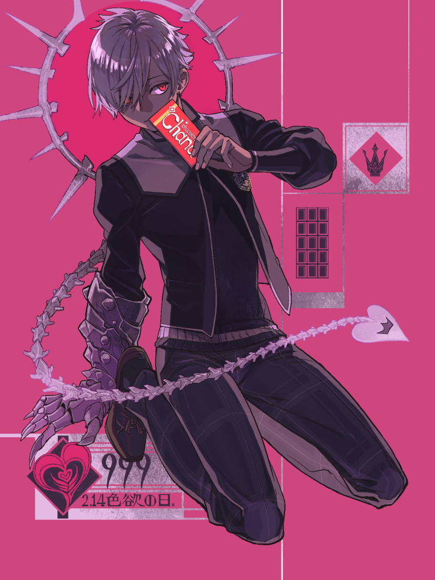 1boy candy chocolate chocolate_bar claw_(weapon) closed_mouth food full_body glowing glowing_eyes hair_over_one_eye halo heart highres kneeling lizzydom looking_to_the_side male_focus monark pants pink_background protagonist_(monark) red_eyes short_hair skeletal_tail solo tail valentine weapon white_hair