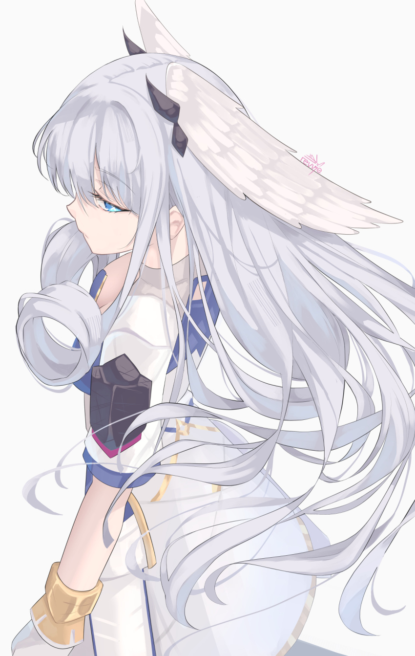 artist_name blue_eyes breasts cleavage commentary dress female from_above gloves grey_hair head_wings highres long_hair melia_antiqua revvie simple_background solo twitter_username two-tone_gloves white_background white_dress white_gloves wings xenoblade_chronicles_(series) xenoblade_chronicles_3 yellow_gloves