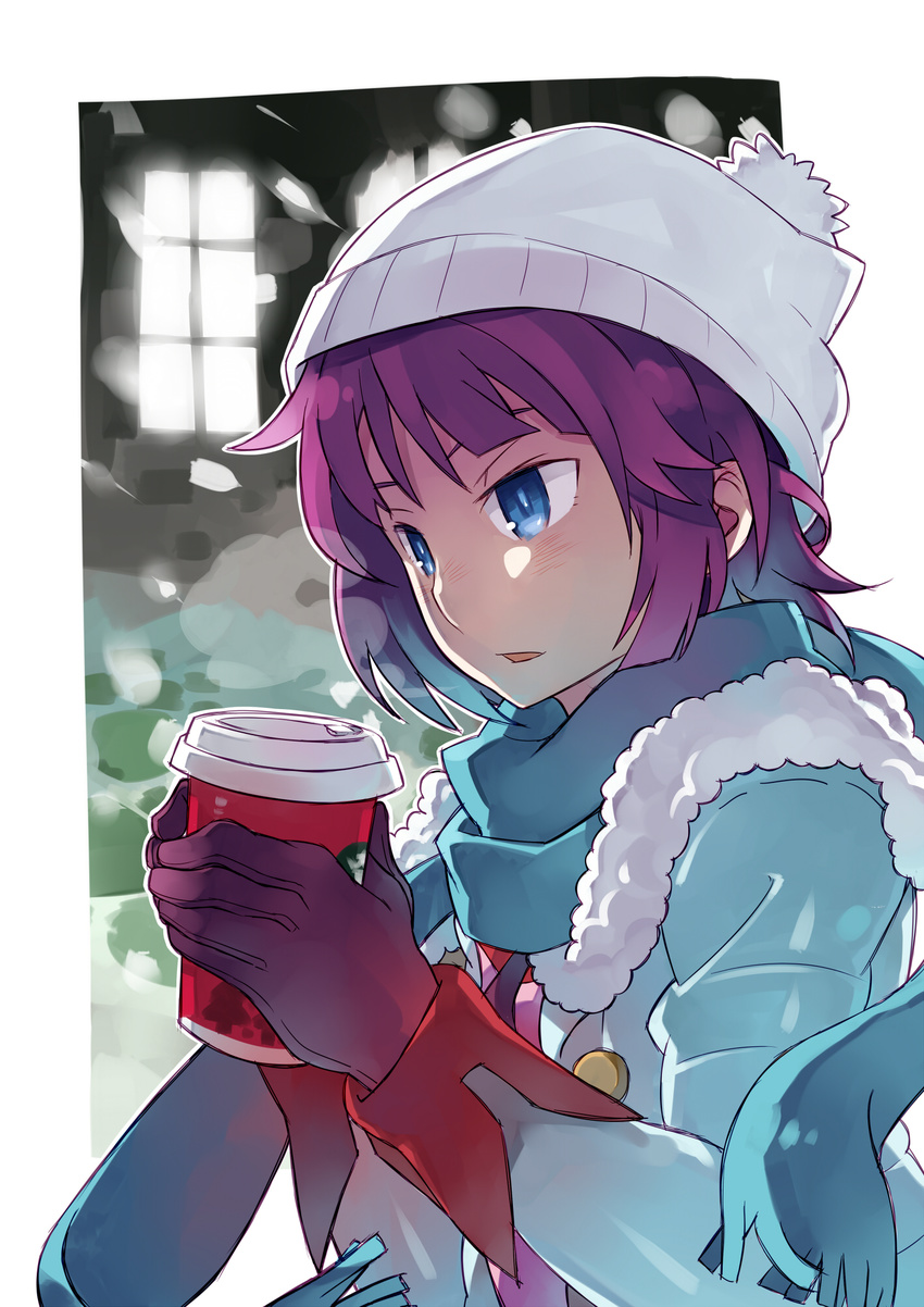 blue_eyes commentary_request cup disposable_cup female gloves hat highres koimonogatari luo. monogatari_(series) naoetsu_high_school_uniform purple_hair scarf school_uniform senjougahara_hitagi short_hair