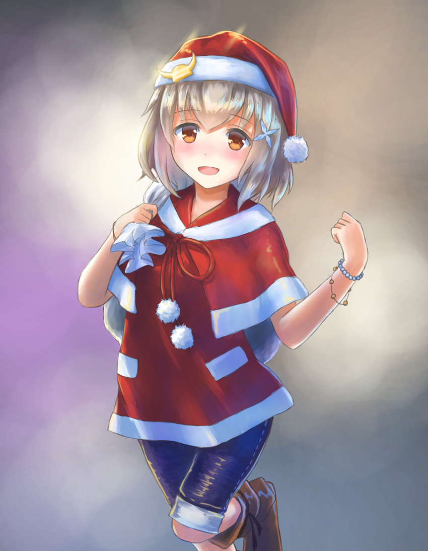 :d aoyuki bead_bracelet beads blush bracelet brown_eyes brown_footwear commentary_request female hair_ornament hat highres jewelry leaf_(sennen_sensou_aigis) light_brown_hair looking_at_viewer open_mouth over_shoulder sack santa_costume santa_hat sennen_sensou_aigis shoes shorts smile solo standing