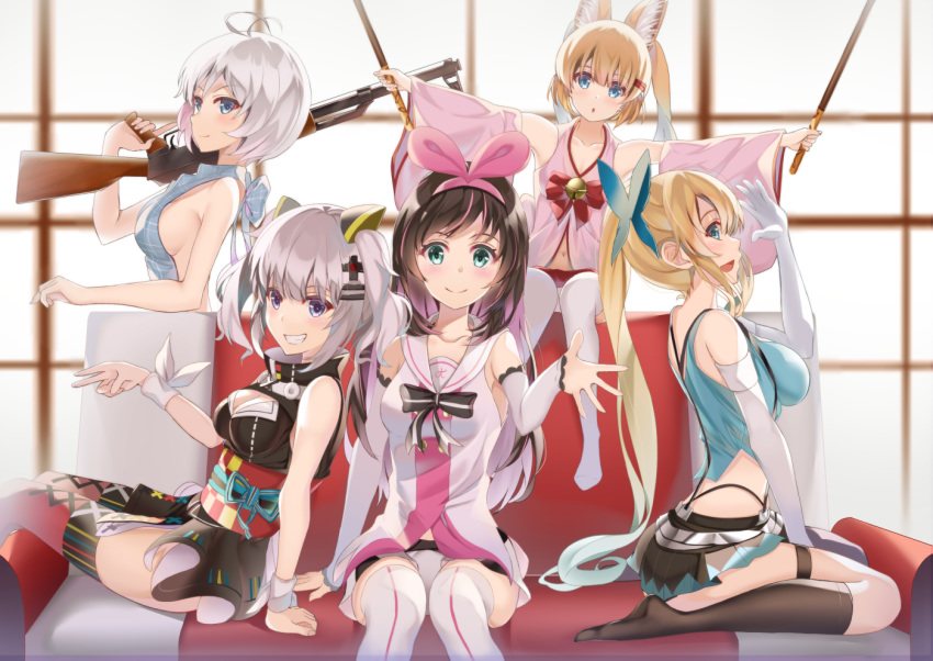 .live 5girls ak-47 akausuko animal_ears assault_rifle black_hair black_thighhighs blonde_hair blue_eyes breasts commentary_request dennou_shoujo_siro detached_sleeves elbow_gloves gloves green_eyes grey_hair gun hair_ornament hairclip kaguya_luna kalashnikov_rifle kemomimi_oukoku_kokuei_housou kizuna_ai kizuna_ai_inc. large_breasts mikoko_(kemomimi_oukoku_kokuei_housou) mirai_akari mirai_akari_project multiple_girls pleated_skirt ponytail rifle sideboob sitting skirt smile the_moon_studio thighhighs twintails virtual_youtuber virtual_youtuber_shiten'nou weapon white_legwear wrist_cuffs