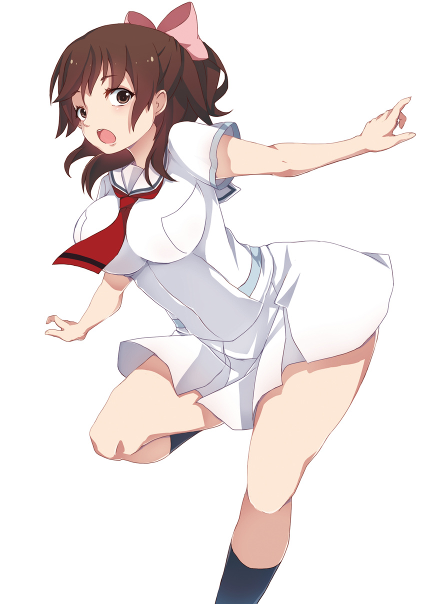 aoi_minamo bad_id bad_pixiv_id bow breasts brown_eyes brown_hair dress female highres kneehighs leaning_forward legs open_mouth photoshop_(medium) real_drive ribbon school_uniform shiro_yurine short_hair simple_background socks solo standing standing_on_one_leg white_background