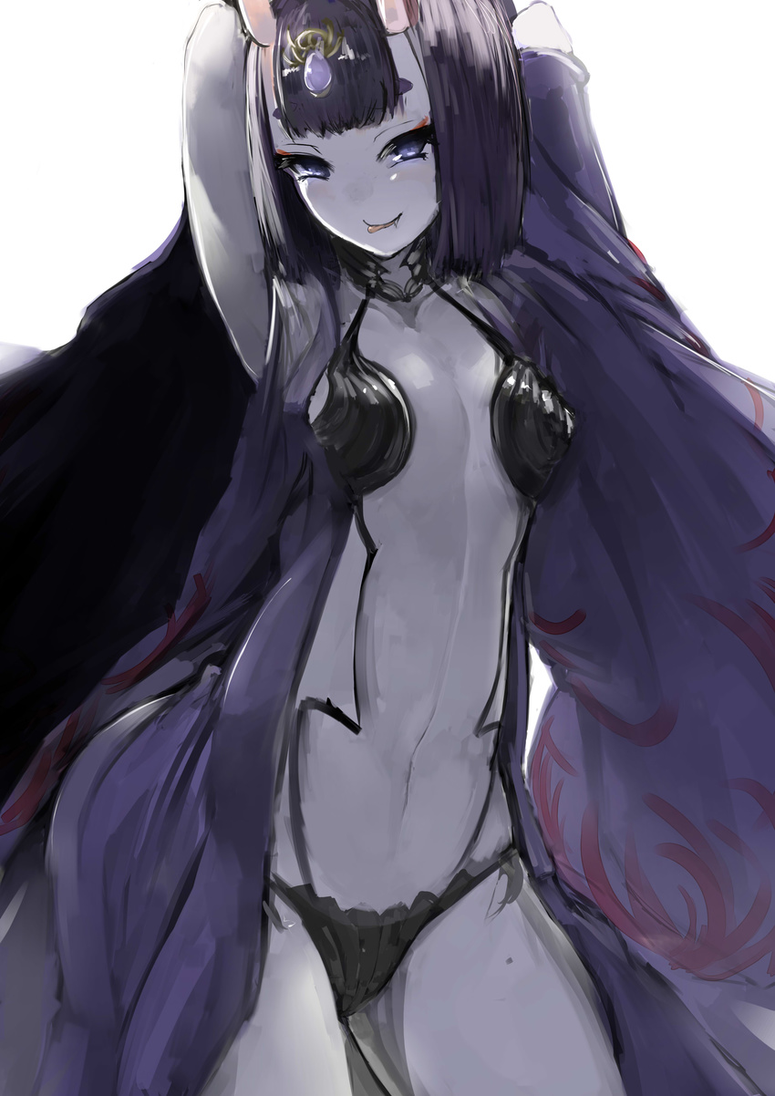 :p absurdres arms_up backlighting black_hair blue_eyes commentary cowboy_shot fate/grand_order fate_(series) female highres horns japanese_clothes jewelry kimono looking_at_viewer navel oerba_yun_fang oni revealing_clothes seductive_smile short_hair shuten_douji_(fate) shuten_douji_(first_ascension)_(fate) simple_background skin-covered_horns smile solo thick_eyebrows tongue tongue_out tsurime watchi white_background