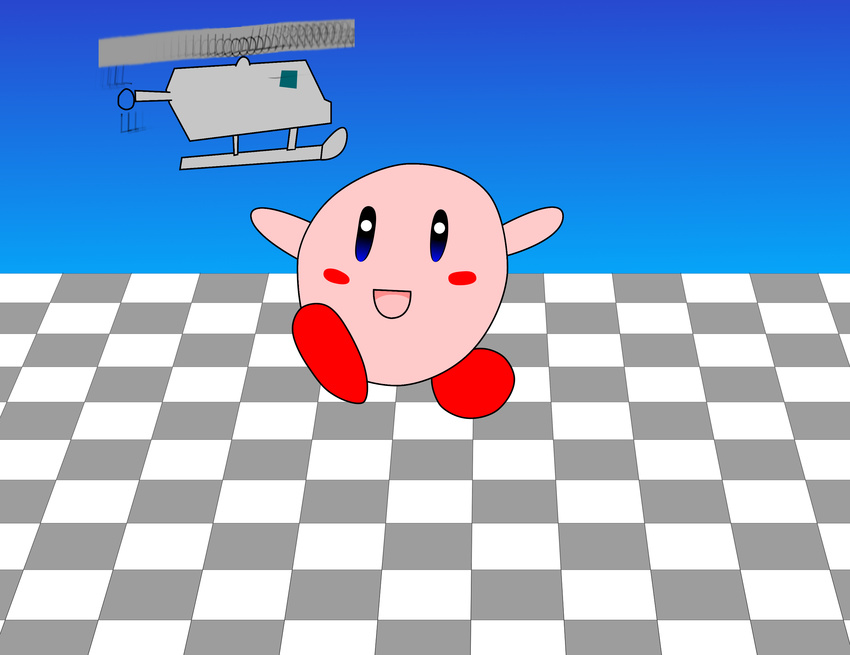 2017 absurd_res aceofspadesproduc100 aircraft alien blue_eyes blush blush_stickers floor gradient_background helicopter hi_res kirby kirby_(series) male nintendo not_furry open_mouth raised_arm roflcopter running simple_background smile solo tile tile_floor vehicle