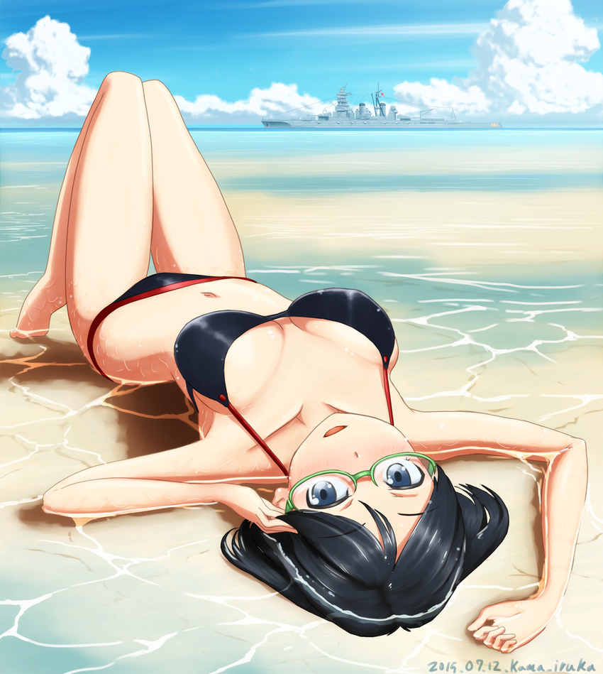 barefoot battleship beach bikini black_eyes black_hair breasts breasts_apart cloud commentary_request day female glasses green-framed_eyewear highres kama_iruka kantai_collection kirishima_(battleship) kirishima_(kancolle) long_legs looking_at_viewer lying military military_vehicle navel on_back open_mouth outdoors parted_lips partially_submerged ship short_hair sky smile solo swimsuit thigh_gap vehicle_and_personification warship watercraft