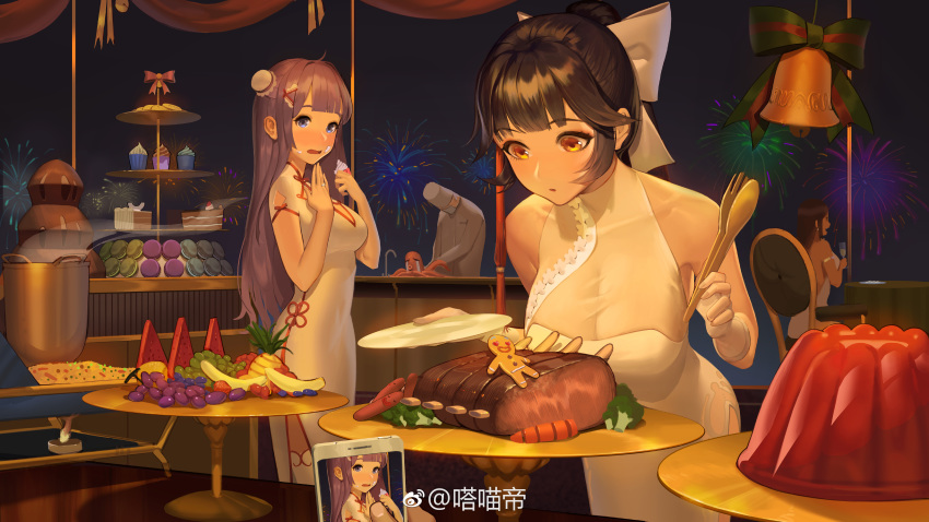 1boy 3girls absurdres aerial_fireworks azur_lane bell black_hair blue_eyes blush bow breasts bun_cover cellphone chef china_dress chinese_clothes chinese_commentary cleavage commentary_request damiaodi dress fireworks food food_on_face gingerbread_man gloves hair_bun hairbow highres indoors jewelry large_breasts long_hair meat medium_breasts multiple_girls night official_alternate_costume phone ponytail purple_hair ring see-through side_slit single_side_bun sleeveless sleeveless_dress smartphone south_dakota_(azur_lane) south_dakota_(solo_concert)_(azur_lane) takao_(azur_lane) takao_(the_lessons_of_spring)_(azur_lane) thighhighs unicorn_(azur_lane) unicorn_(the_gift_of_spring)_(azur_lane) weibo_logo weibo_watermark white_dress white_gloves white_thighhighs yellow_eyes