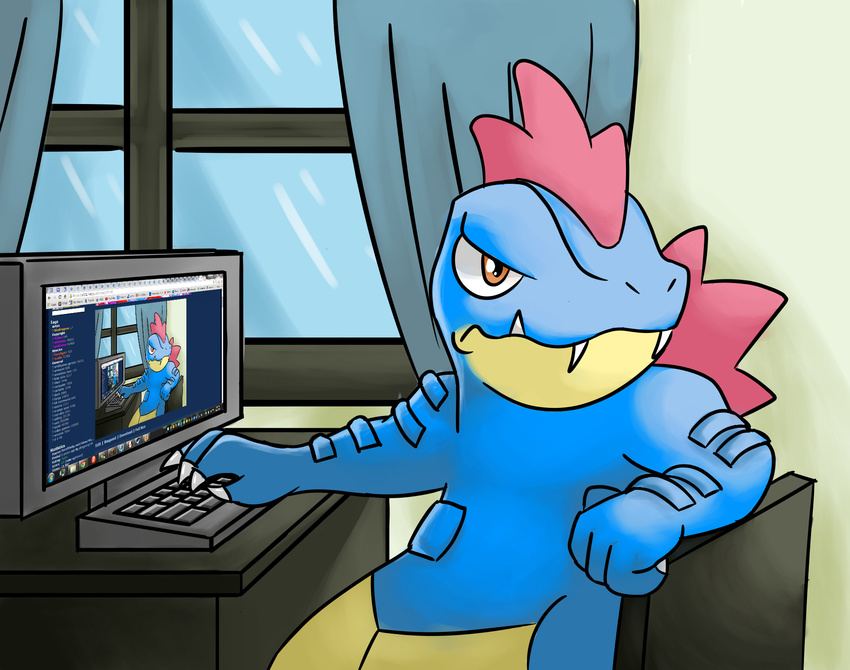 2015 ambiguous_gender annoyed anthro biped bludragoon blue_body blue_scales chair computer crocodilian crossover curtains desk digital_media_(artwork) droste_effect e621 electronics fangs feraligatr furniture generation_2_pokemon google google_chrome hi_res i_can't_fap_to_this i_can_see_forever inside kinky102 lol_comments meme meta microsoft microsoft_windows minecraft mise_en_abyme mojang multicolored_body multicolored_scales nintendo orange_eyes pokemon pokemon_(species) reaction_image recursion reptile scales scalie sharp_teeth sitting solo steam_(software) table tan_body tan_scales teeth third-party_edit two_tone_body two_tone_scales valve window xbox_game_studios youtube ಠ_ಠ