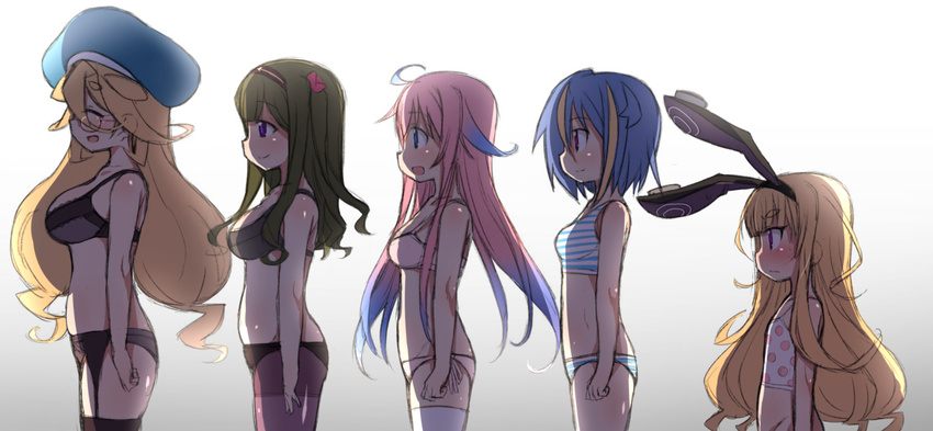 5girls animal_ears black_bra black_panties blonde_hair blue_eyes blue_hair blush bra breasts brown_hair bust_chart camisole character_request closed_eyes commentary_request copyright_request garter_belt glasses gradient_hair hairband hat kounosu_satori lineup long_hair multicolored_hair multiple_girls open_mouth panties pantyhose pink_bra pink_hair pink_panties profile purple_eyes rabbit_ears red_eyes side-tie_panties smile sports_bra striped_clothes striped_panties striped_sports_bra thighhighs two-tone_hair underwear underwear_only