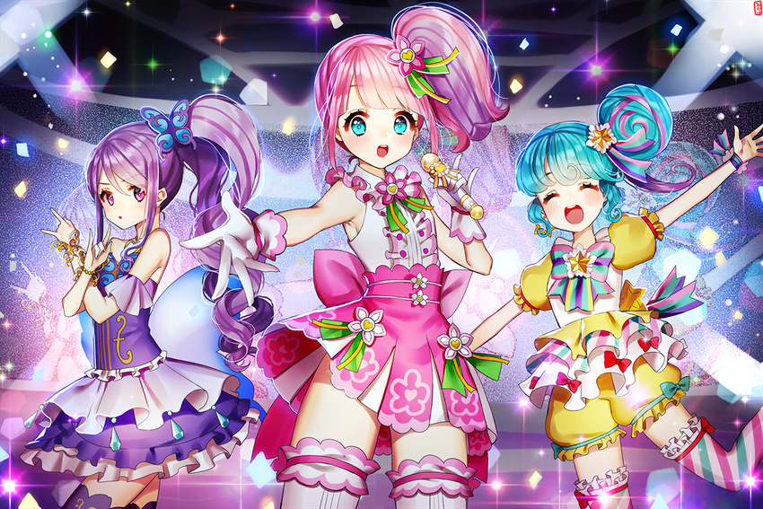 3girls bad_id bad_pixiv_id blue_eyes blue_hair closed_eyes detached_sleeves dress frilled_dress frills gambe gloves hair_ornament holding holding_microphone junon_(pripara) kanon_(pripara) long_hair microphone multiple_girls open_mouth pink_eyes pink_hair pinon_(pripara) pretty_series pripara purple_hair purple_legwear side_ponytail striped_clothes striped_thighhighs thighhighs white_gloves white_legwear