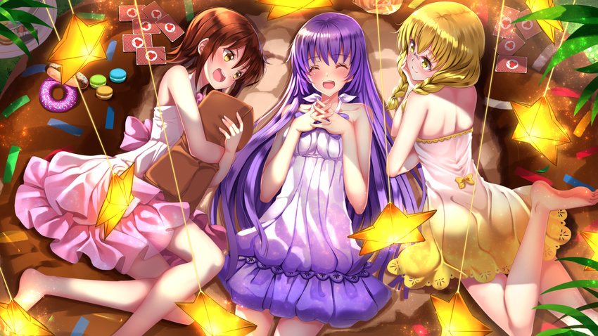 barefoot blonde_hair blush brown_hair dress food glasses hayama_teru long_hair nishikawa_youko odagiri_futaba purple_hair sansha_sanyou short_hair stars swordsouls tree yellow_eyes